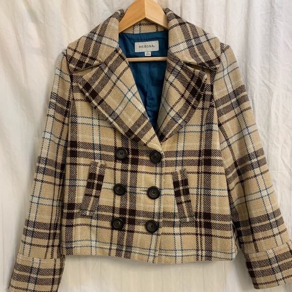 Merona Brown, Tan, Cream and Teal Cropped Pea Coat - Small - Picture 7 of 14